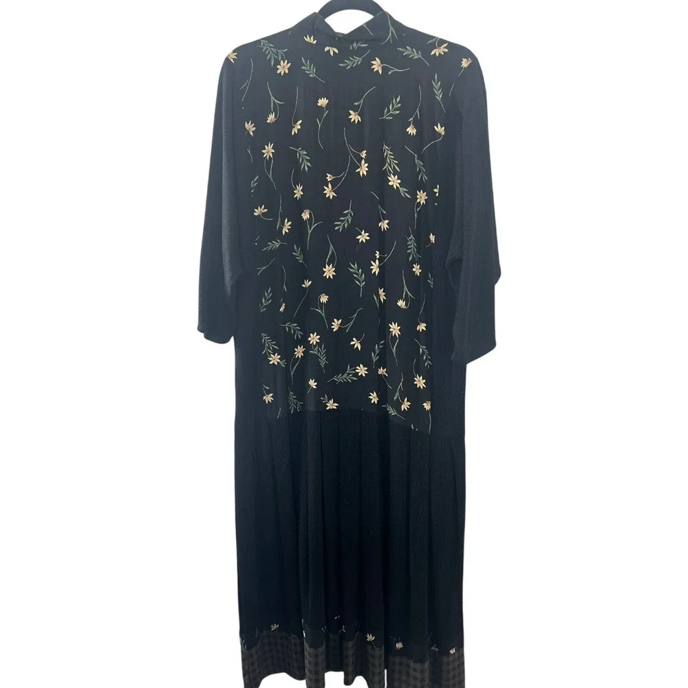 Onion‎ Womens Floral Embroidered Mixed Media Midi Dress Black Gingham Trim 913